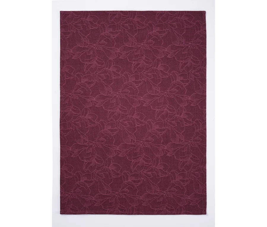 Nahaufnahme eines bordeauxroten Geschirrtuchs mit Blumenmuster, Teil eines 3er-Sets.