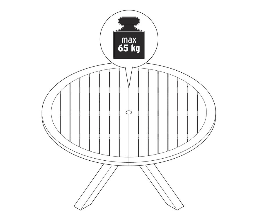 Eine Zeichnung von einem Teak-Esstisch mit modernem X-Fuß und einem maximalen Gewicht von 65 kg.