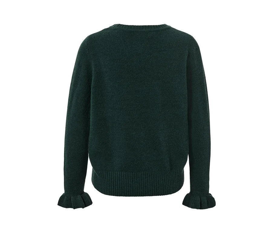 Dunkelgrüner Strickpullover mit Rüschendetail.