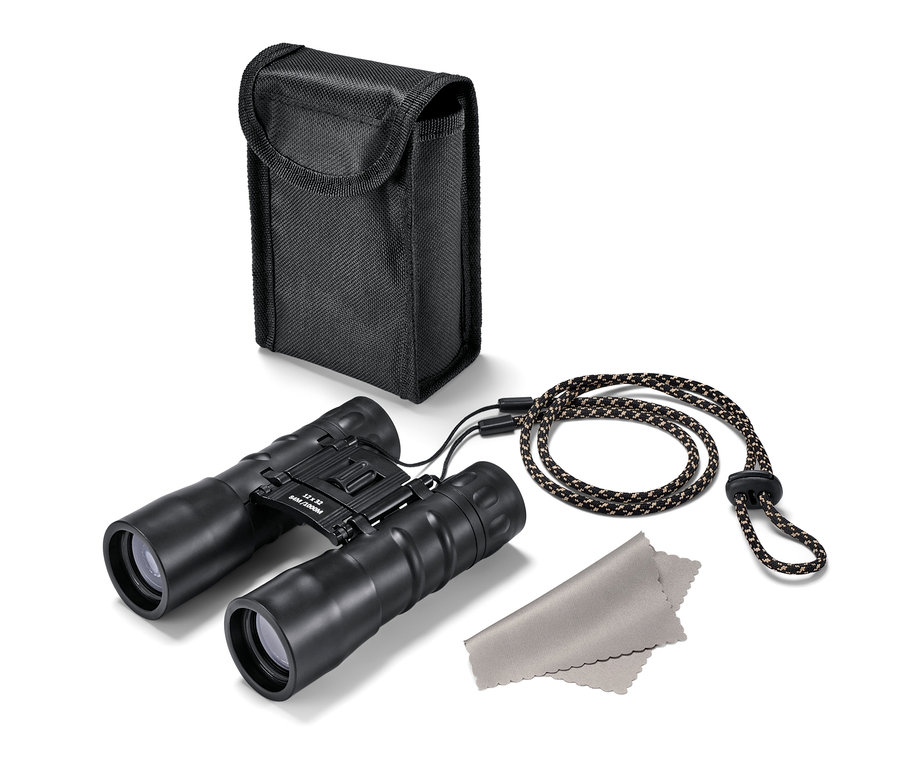 Schwarzes Taschenfernglas »12x32« mit Tasche, Putztuch und Kordel.