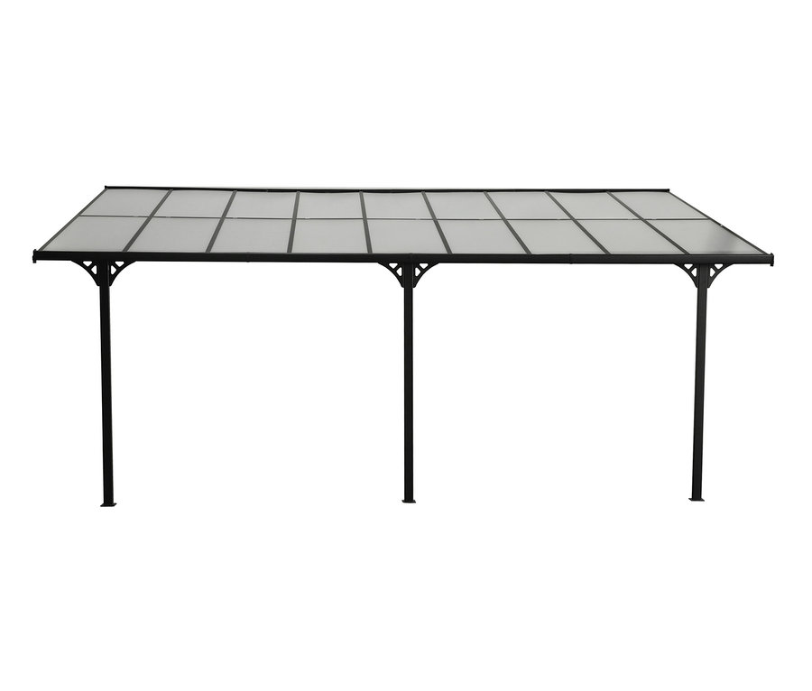 Anthrazitfarbene Terrassenüberdachung, Breite ca. 556 cm.