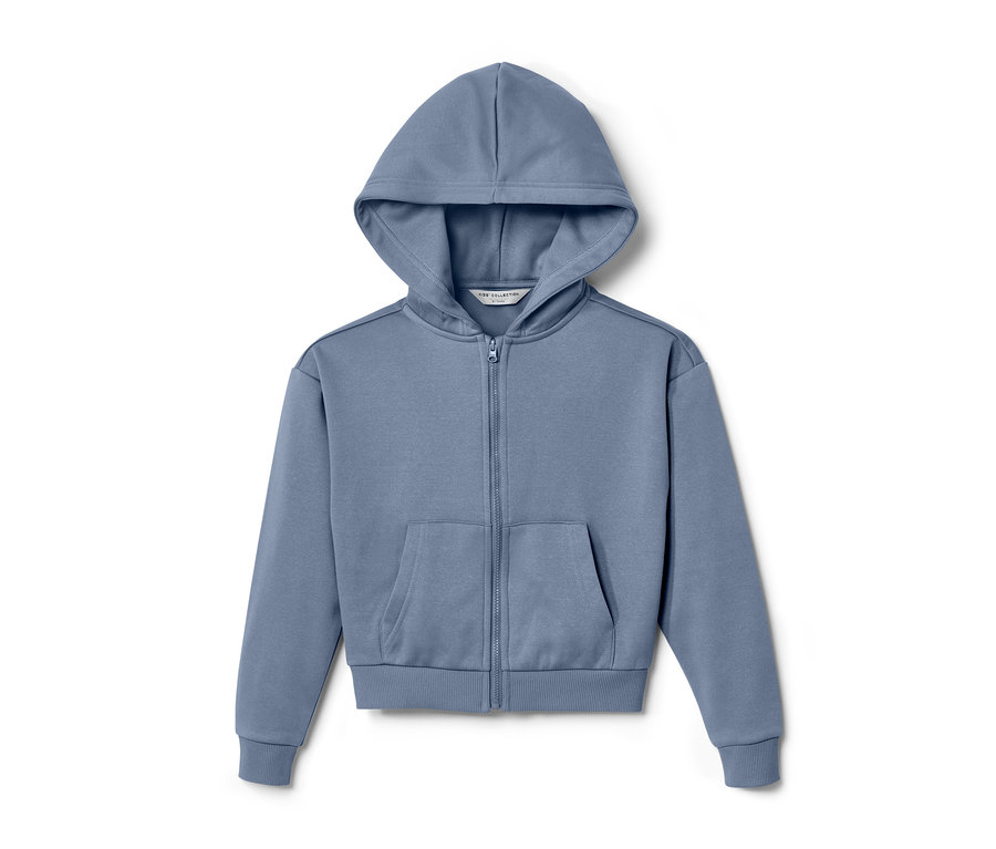 Eine blaue Kinder-Sportjacke mit Reißverschluss und Kapuze.