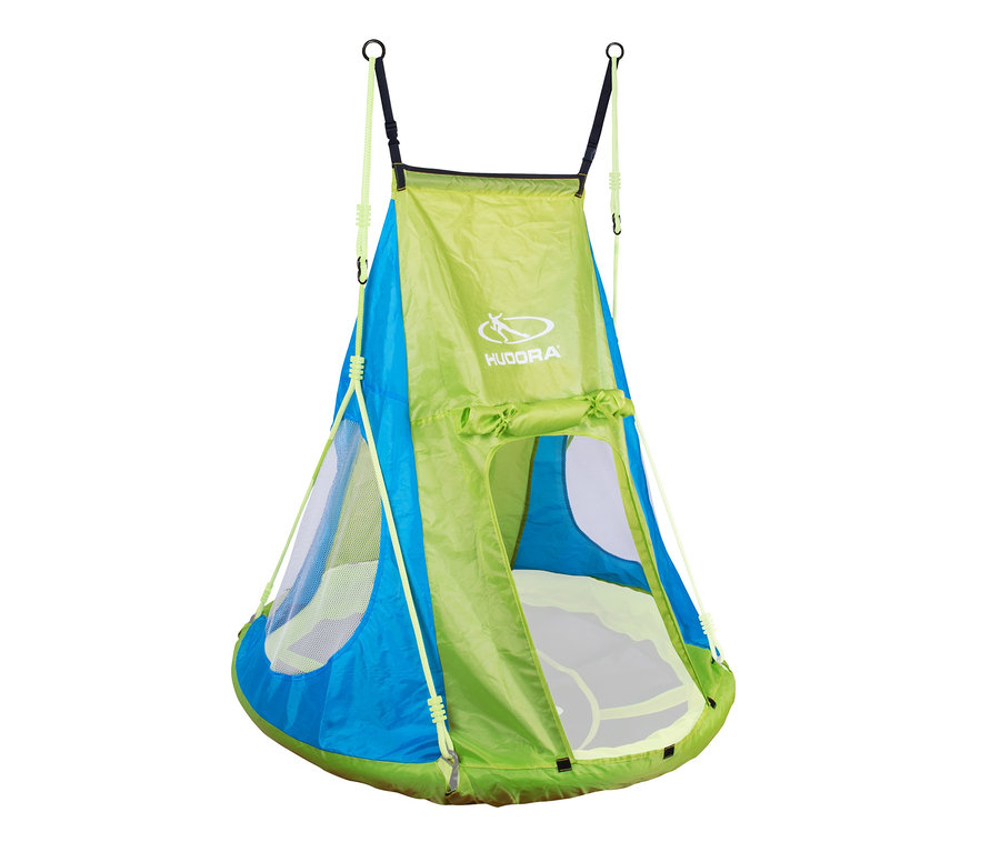 Das HUDORA Nestschaukel-Zelt Cosy Castle 110 in Blau-Grün mit Fenstern.