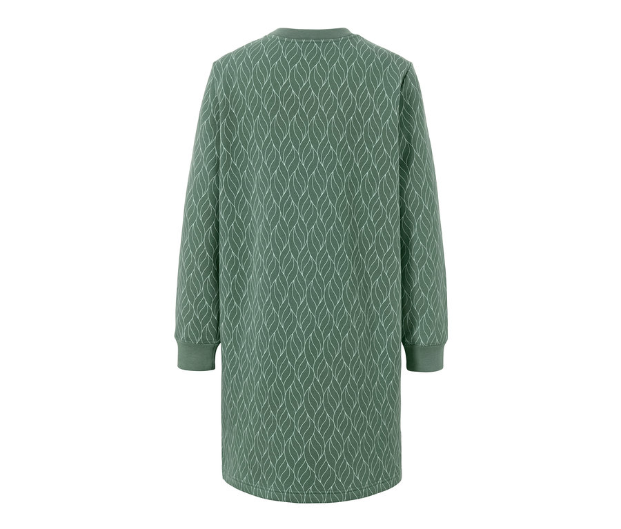 Rückansicht eines Loungewear-Kleids mit langen Ärmeln und Allover-Blattmuster.