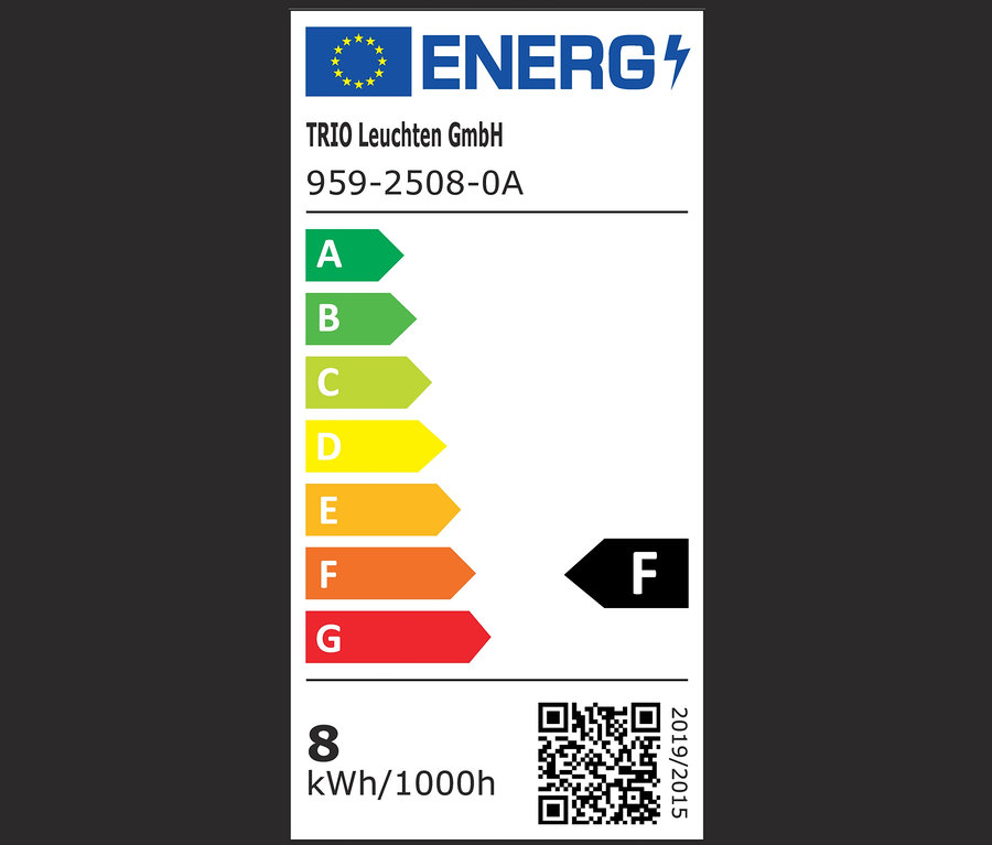 Energieetikett für Trio LED-Pendelleuchte "Celeste" mit der Energieeffizienzklasse F.