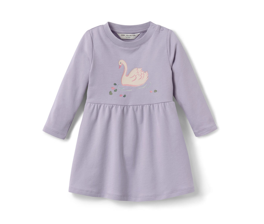 Lila Kinder-Sweatkleid mit langen Ärmeln und Schwan-Motiv.