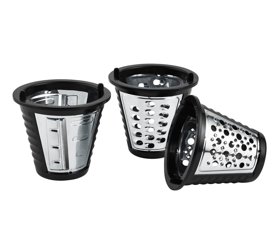 Drei silberne Aufsätze für die ADE Elektrische Reibe »KA1802« mit schwarzem Kunstoffrand.