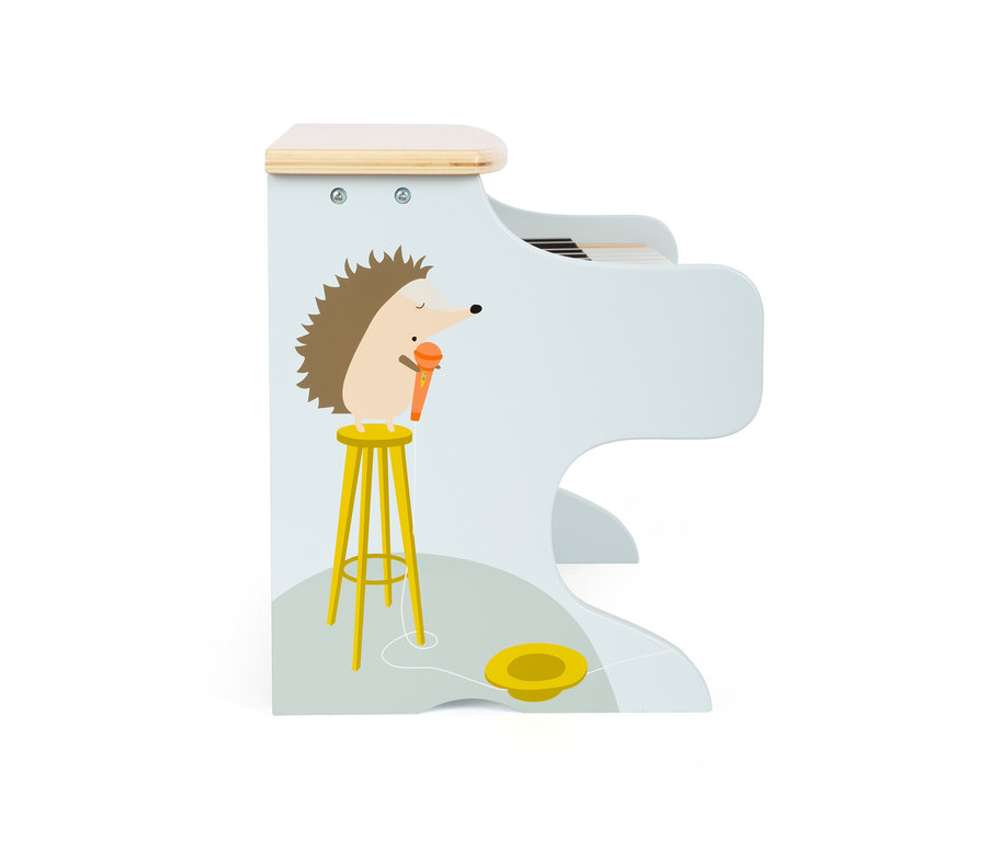 Seitenansicht vom small foot Klavier »Groovy Beats« mit Igel, der in ein Mikrofon singt.