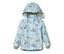 Hellblaue Kinder-Regenjacke mit Kapuze, bedruckt mit Rittern, Burgen und Bäumen.