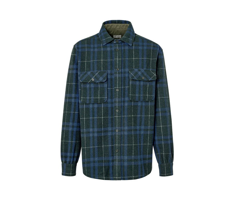 Blau-grüne Flanell-Hemdjacke mit langen Ärmeln und zwei Brusttaschen.