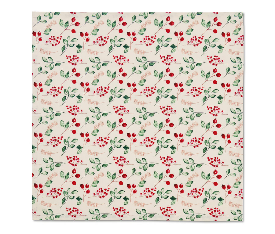 Eine Baumwoll-Tischdecke mit einem Muster aus roten Beeren und grünen Blättern.