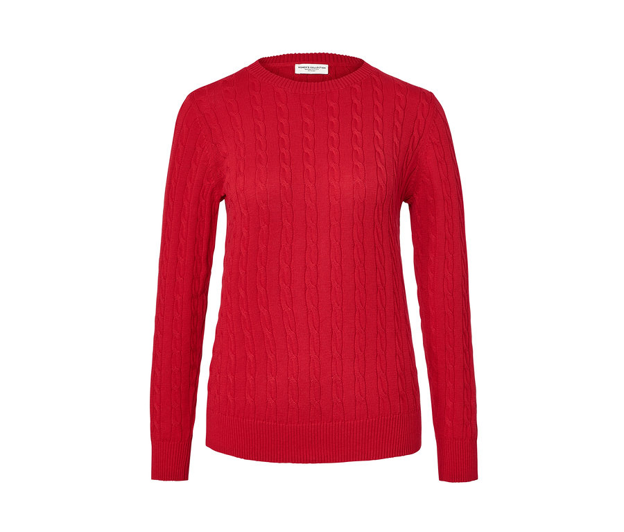 Roter Zopfstrickpullover.