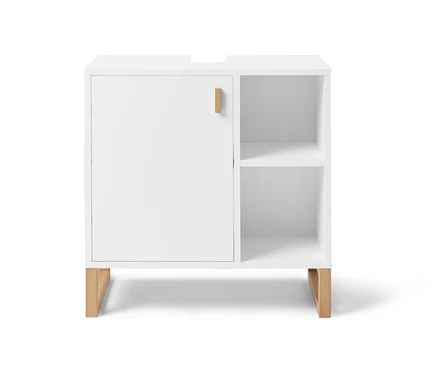 Weißer Waschbeckenunterschrank mit Tür und Seitenfach.