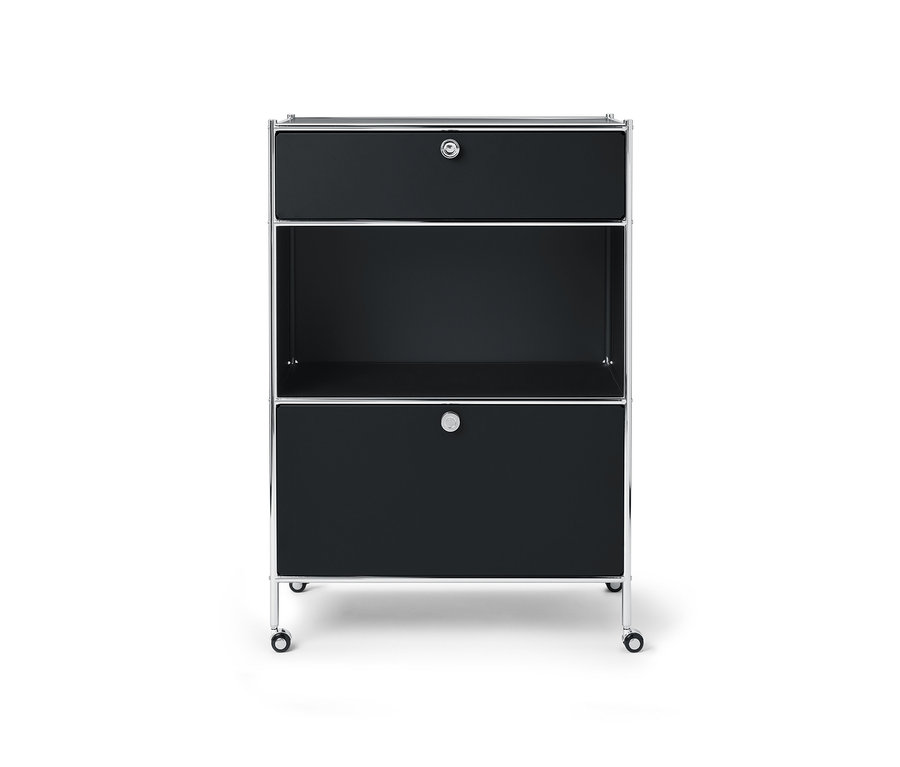 Schwarze Kommode Metall »CN3« mit einer Schublade, einem Klappfach und silbernem Rahmen.