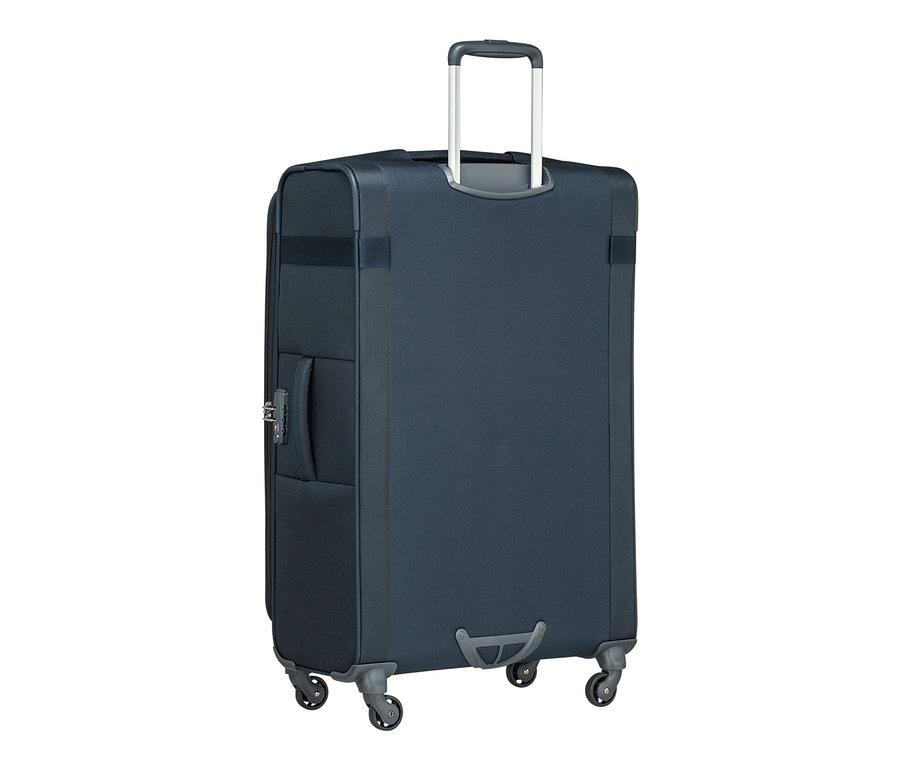 Detail eines großen, marineblauen Samsonite CITYBEAT SPINNER Koffers mit ausgefahrenem Griff.
