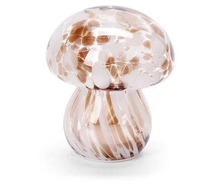Dekorative Pilzlampe aus Glas mit braunen und weißen Flecken.