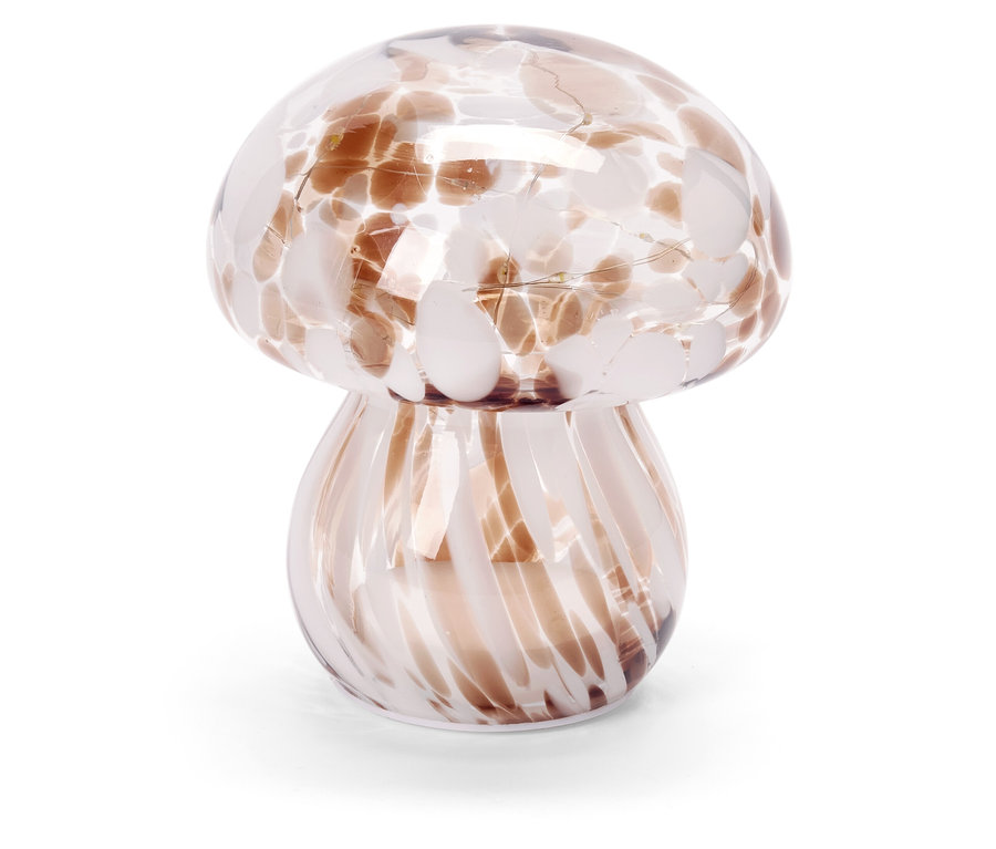 Dekorative Pilzlampe aus Glas mit braunen und weißen Flecken.