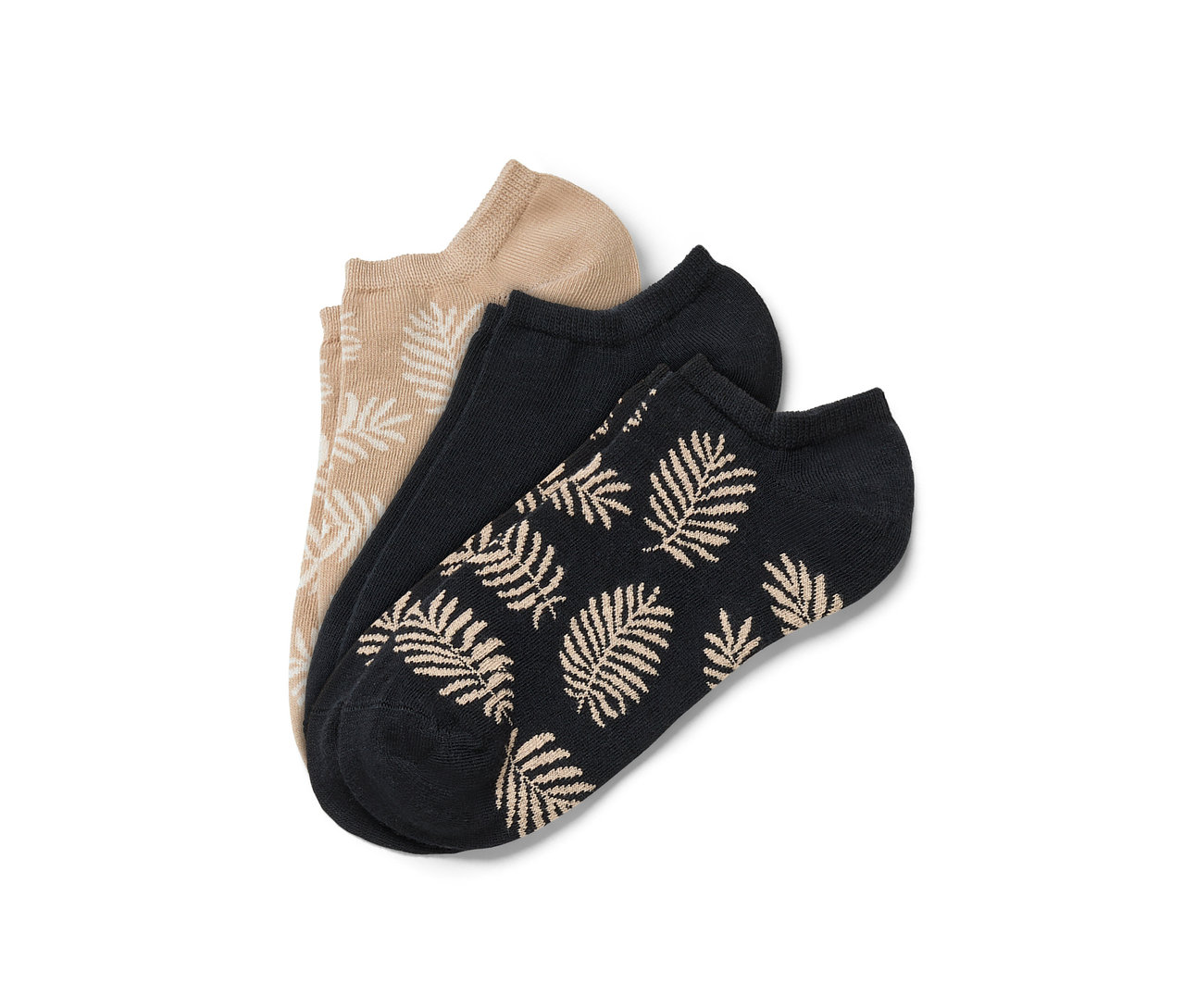 Drei Paar Sneakersocken: beige mit weißem Blattmuster, schwarz und schwarz mit beigem Blattmuster.
