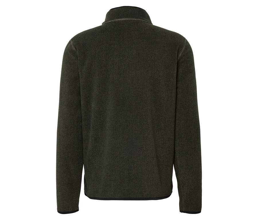 Rückseite eines olivgrünen Fleece-Pullovers mit Reißverschluss am Hals.