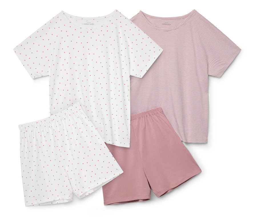 Zwei kurze Kinder-Pyjamas: ein weißes Set mit roten Punkten und ein rosa-gestreiftes Set.
