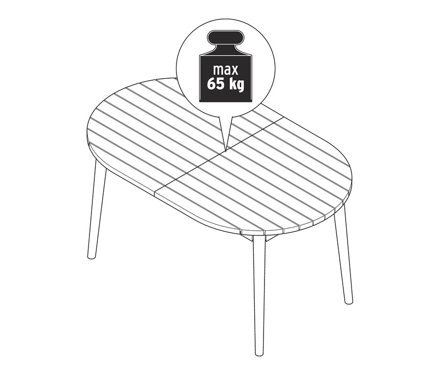 Eine Zeichnung von einem ovalen Ausziehtisch mit einer maximalen Traglast von 65 kg.