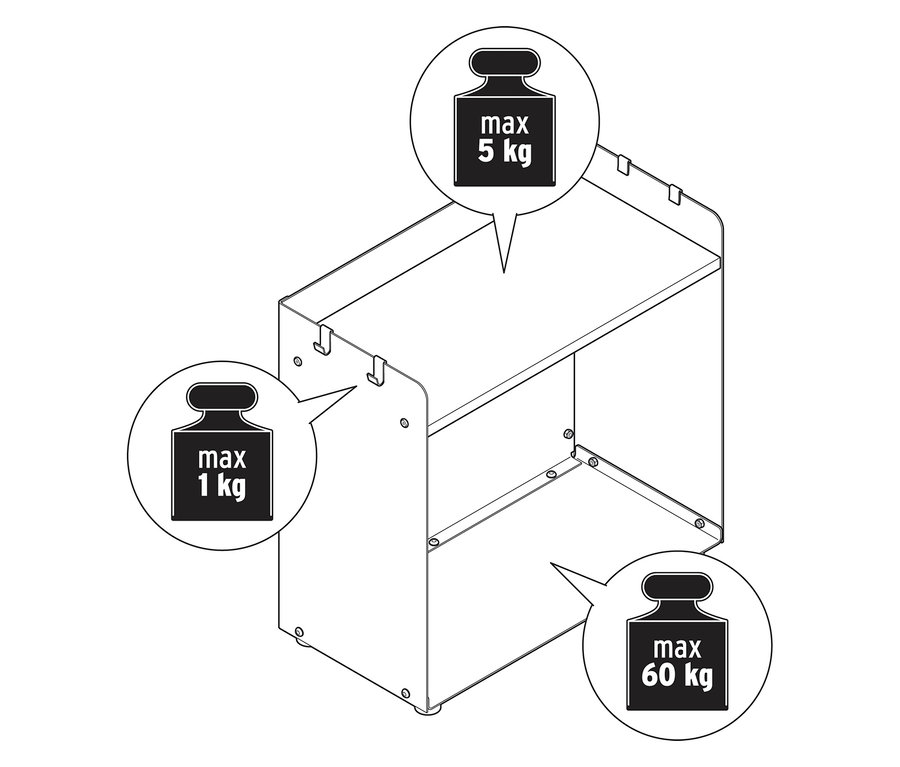 Eine Skizze von einem breiten Kaminholzregal mit Ablagefläche und einer maximalen Traglast von 1 kg, 5 kg und 60 kg.