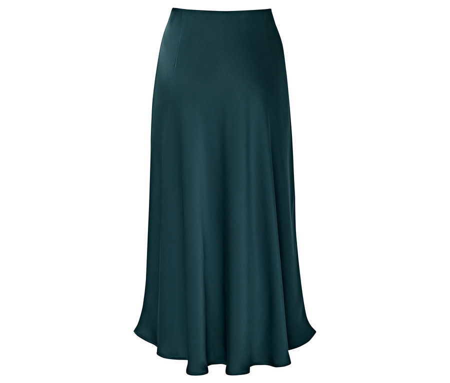 Abgebildet ist ein langer, fließender, smaragdgrüner Rock.