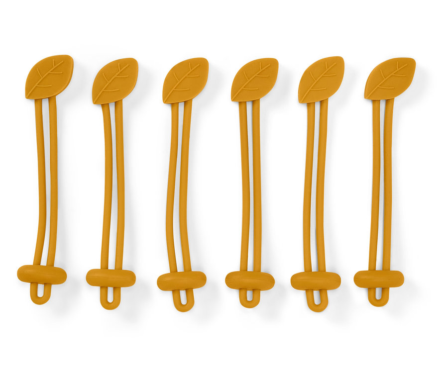 Sechs gelbe Silikonhalter mit Blattmuster oben und U-förmigem Verschluss unten auf weißem Hintergrund.
