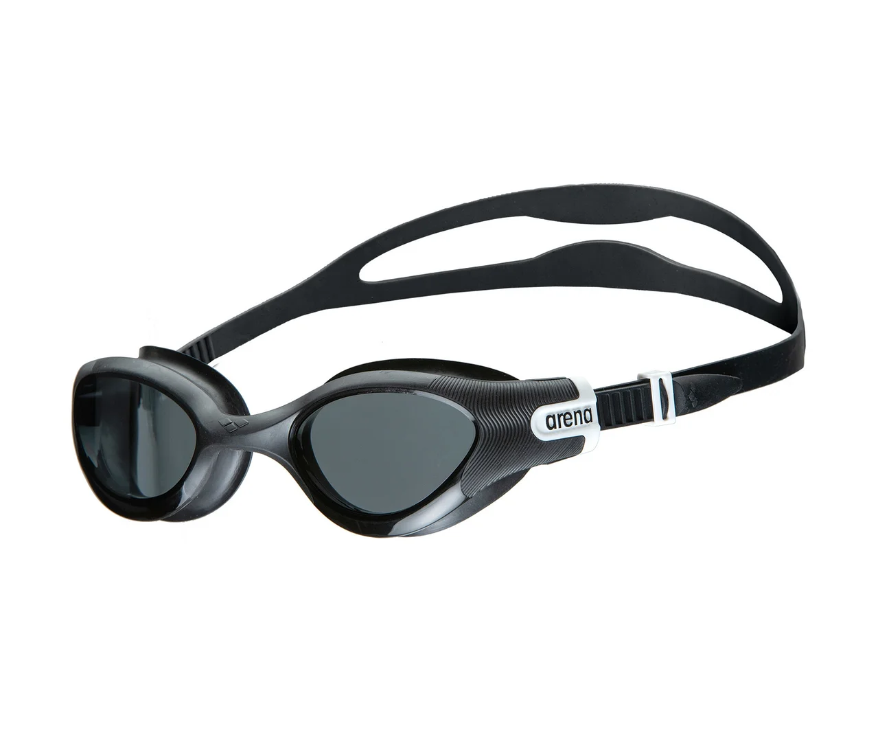 Schwarze arena Unisex-Schwimmbrille THE ONE PLUS auf weißem Hintergrund.