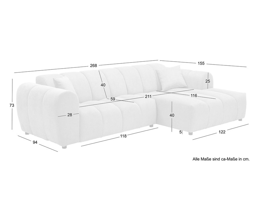 Abbildung eines weißen Ecksofas mit Maßen in Zentimetern.