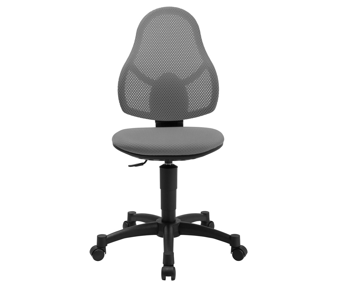 Grauer Topstar Stuhl »Open Art Junior« mit schwarzem Fußkreuz auf weißem Grund.