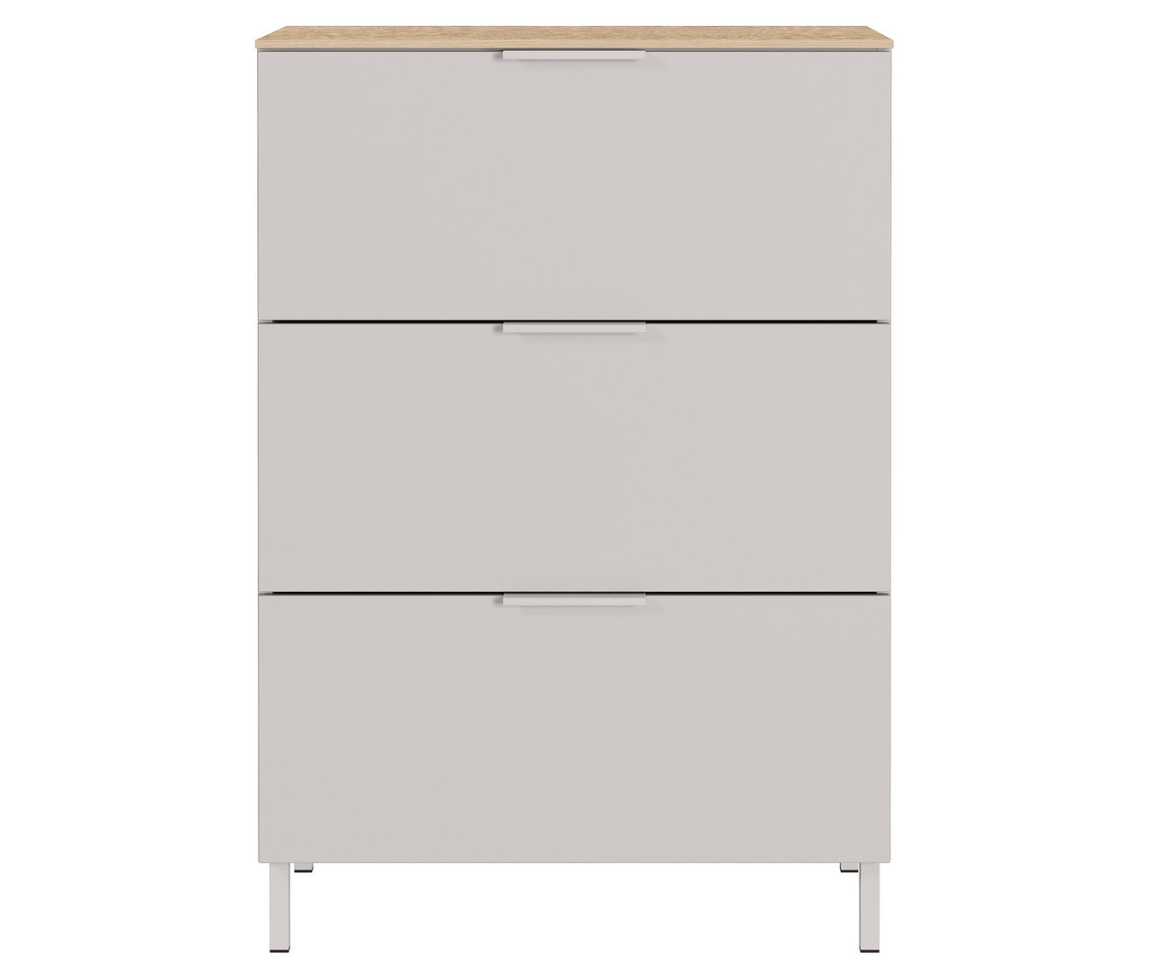 Kleine, kaschmirfarbene Kommode »Savoca« mit Eichenplatte und drei Schubladen.