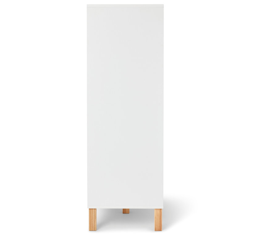 Weißer Schrank mit hellem Holzfuß auf weißem Hintergrund.