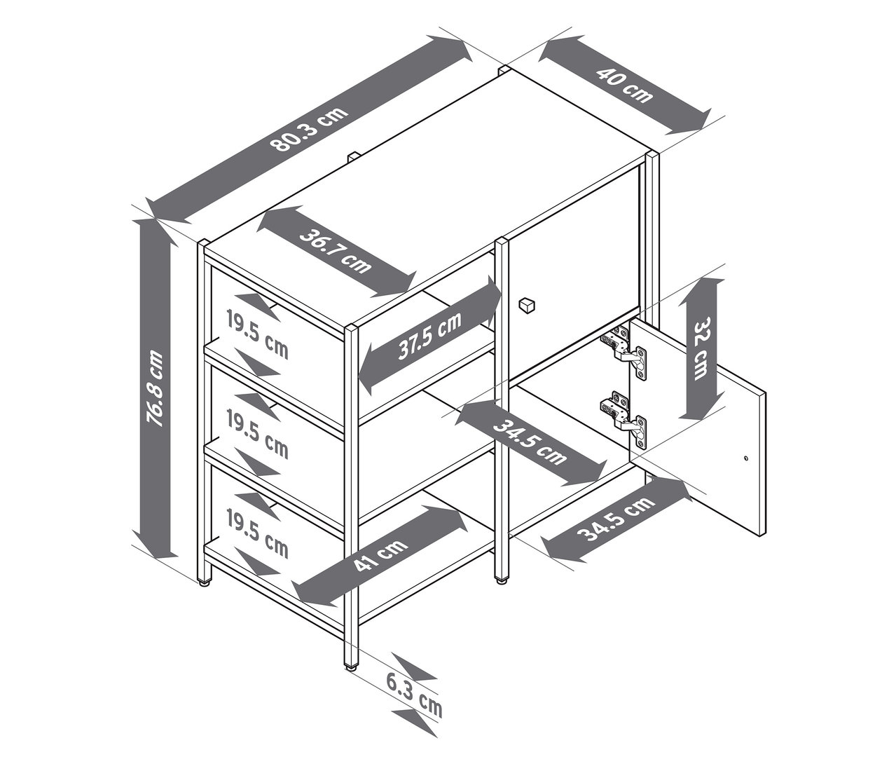 Abbildung einer Kommode »GRADE« mit offenen Fächern und zwei Türen, zusammen mit ihren Abmessungen.