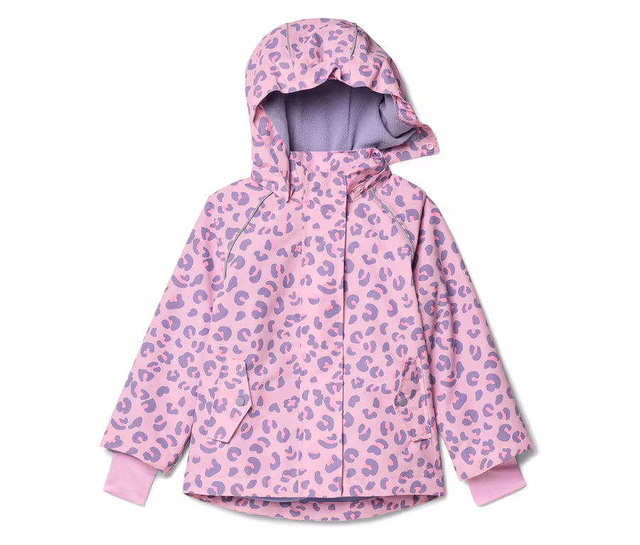 Rosa Kinderjacke mit Kapuze und lila Leopardenmuster.