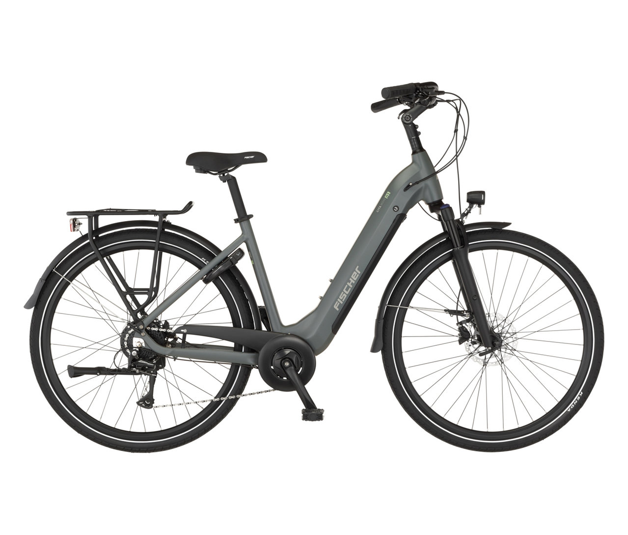Graues FISCHER City E-Bike CITA MOVE von der Seite, mit Gepäckträger, Sattel, Lenker und Reifen.