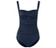 Marineblauer Badeanzug mit Raffung und Trägern.