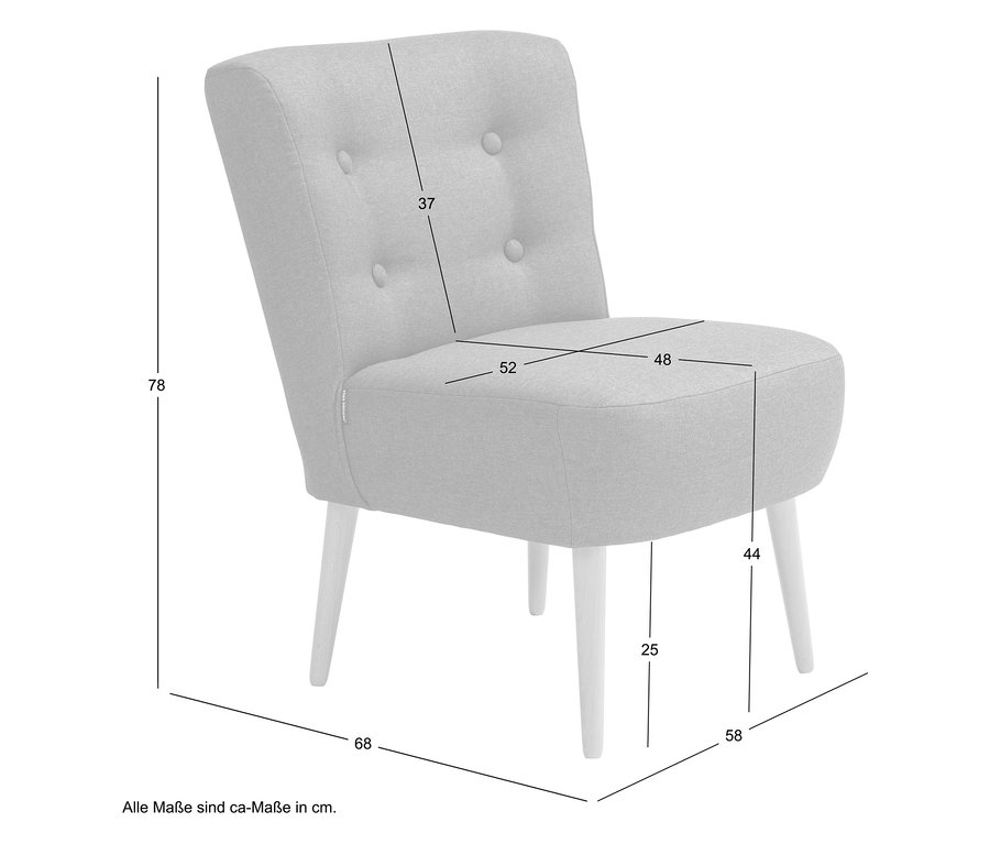 Maße eines hellgrauen Polstersessels mit vier hellen Holzbeinen sind eingezeichnet.