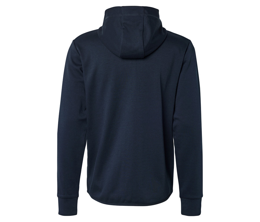 Rückansicht eines marineblauen Kapuzenpullovers mit langen Ärmeln vor einem weißen Hintergrund.