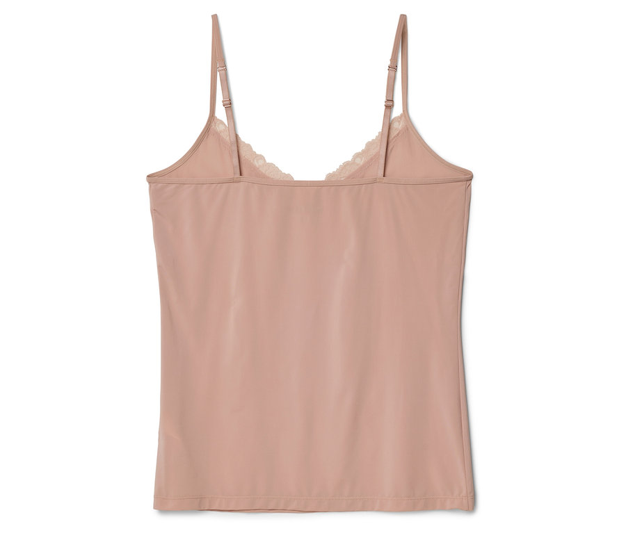 Rückansicht eines hautfarbenen Tanktops mit Spitze am Ausschnitt und verstellbaren Trägern.