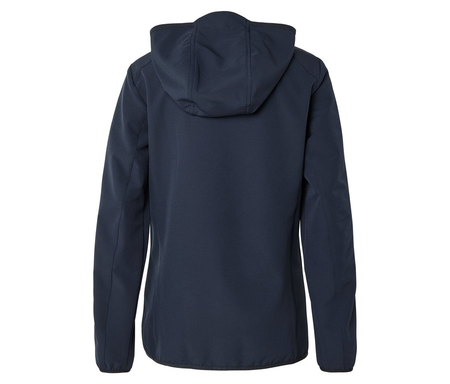 Rückansicht einer marineblauen Softshelljacke mit Kapuze.