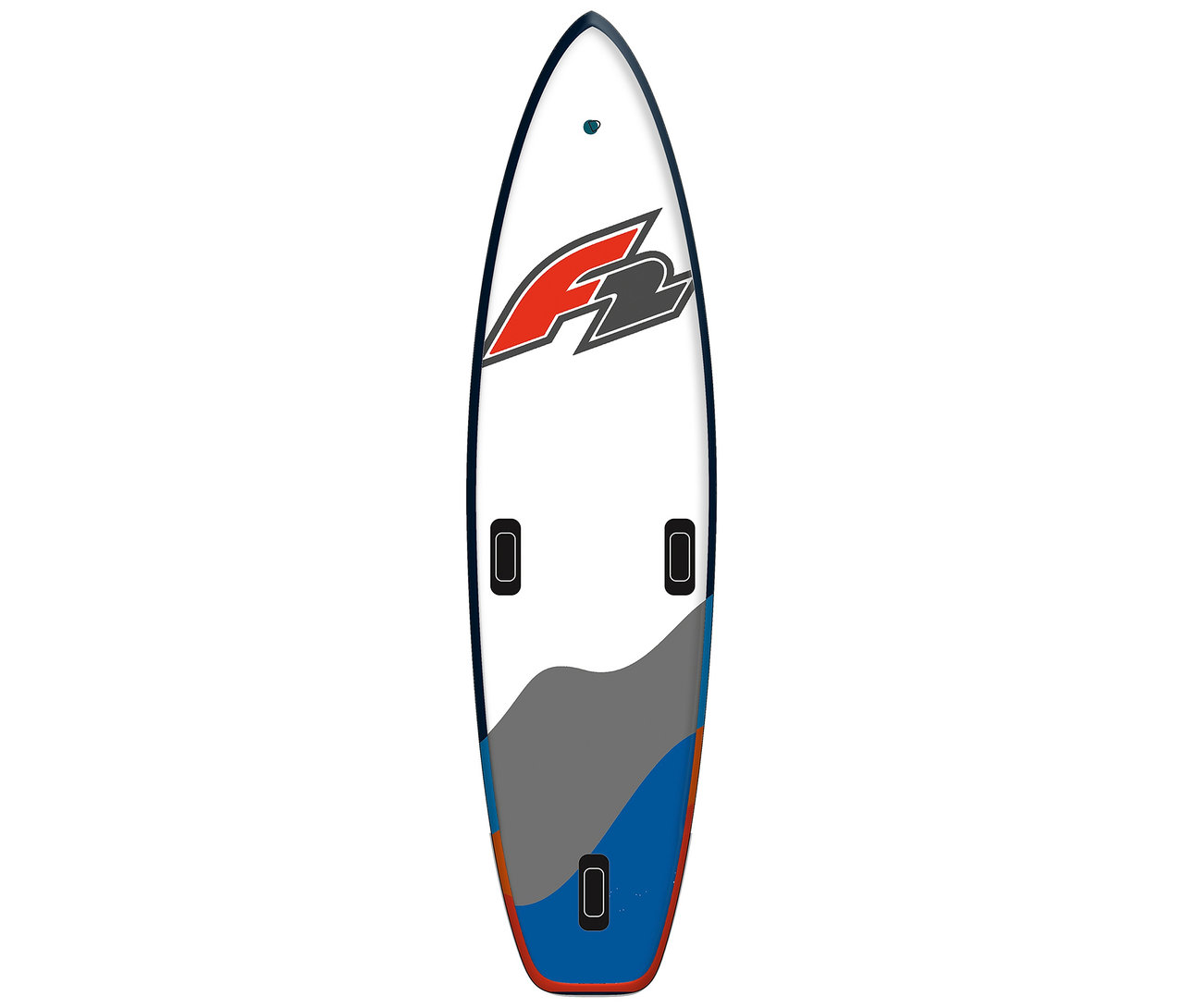 F2 SUP Board »Glide Wing« mit weißer Oberfläche und rotem F2-Logo. Unterseite mit blau-grauem Muster.