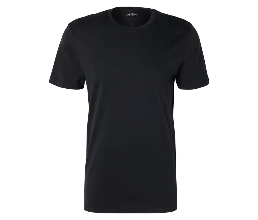 Schwarzes T-Shirt mit kurzen Ärmeln und Rundhalsausschnitt liegt flach auf einem weißen Hintergrund.