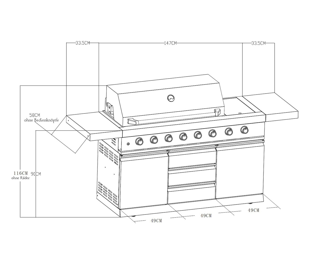 Draufsicht der Buschbeck Outdoorküche »Chester« mit Maßangaben zu Höhe, Breite und Tiefe. Eine Wetterschutzhülle ist inklusive.