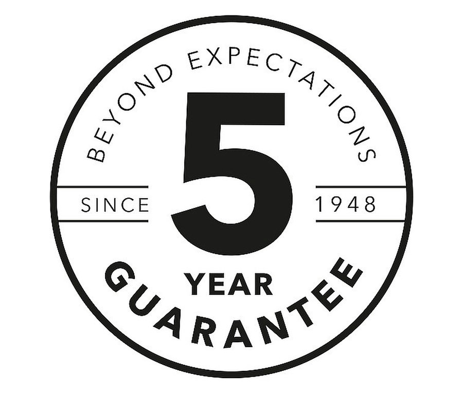 Schwarz-weißes rundes Logo mit dem Text "BEYOND EXPECTATIONS 5 YEAR GUARANTEE SINCE 1948".