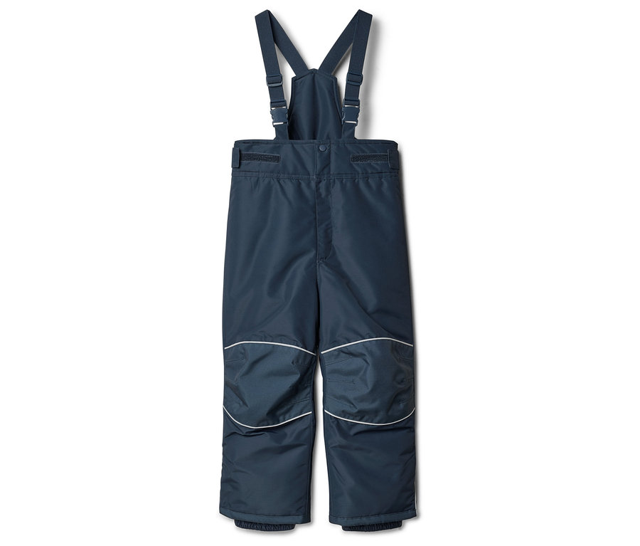 Marineblaue Skihose mit verstellbaren Hosenträgern und weißem Streifen an den Knien.