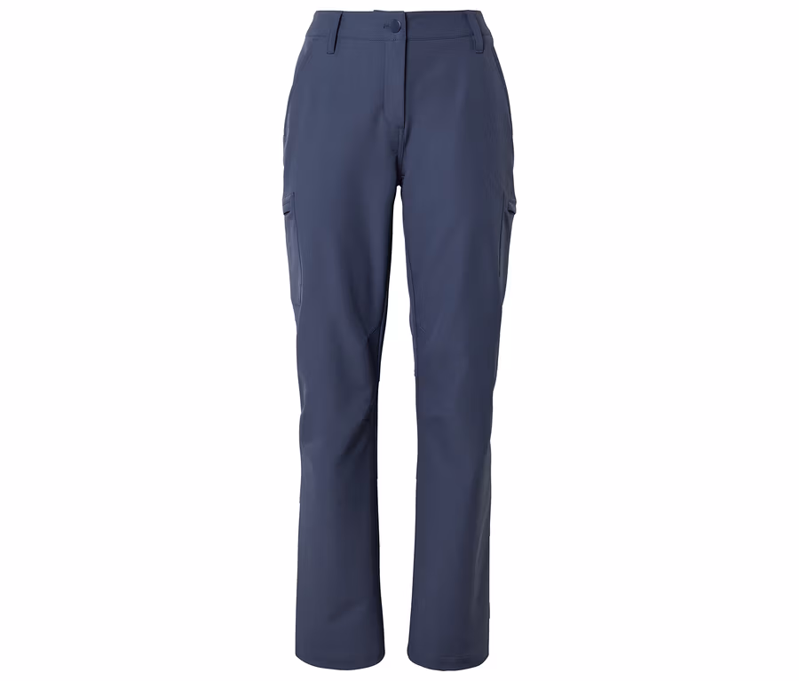 Dunkelblaue Cargohose mit Knopf- und Reißverschluss, Gürtelschlaufen und Seitentaschen, flach auf weißem Hintergrund liegend.