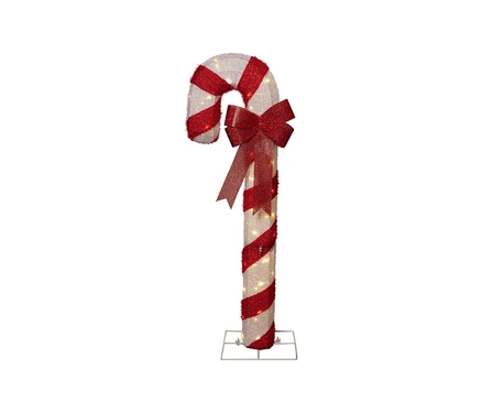 Kleiner LED-Candycane mit weißen und roten Glitzerstreifen, beleuchtet von warmweißen Lichtern. Eine rote Glitzerschleife ist um die Biegung gebunden, er steht auf einem Metallfuß.