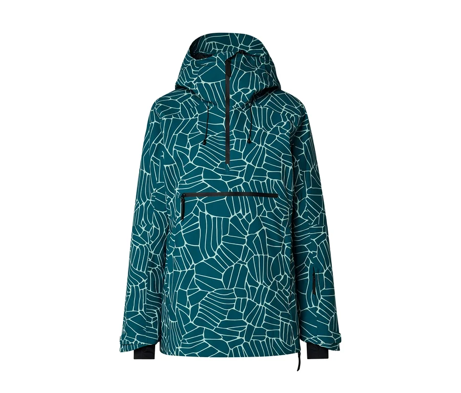 Petrolfarbene Kapuzen-Anorak-Jacke mit weißem, abstraktem geometrischem Muster, halbem Reißverschluss vorne, horizontaler Reißverschlusstasche auf der Brust und Reißverschlusstasche am Ärmel.