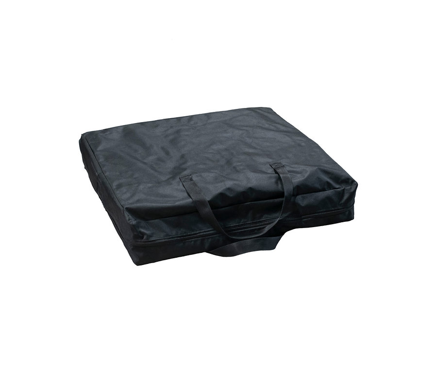 Schwarze Tragetasche für einen faltbaren Campingtisch mit Stauraum.